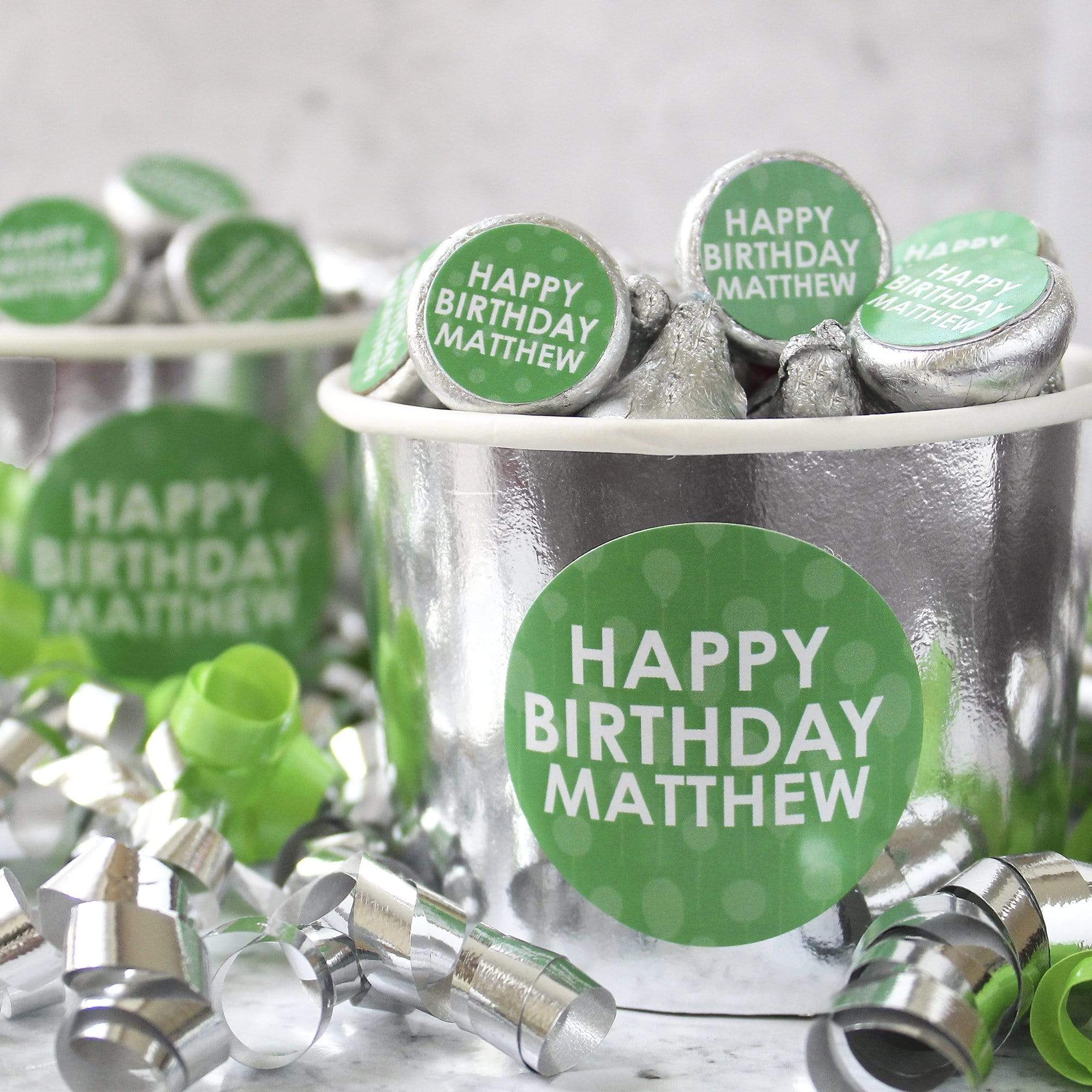 Green Birthday Personalized Happy Birthday Party Favor Stickers with Name - 1.75 in - 40 Labels